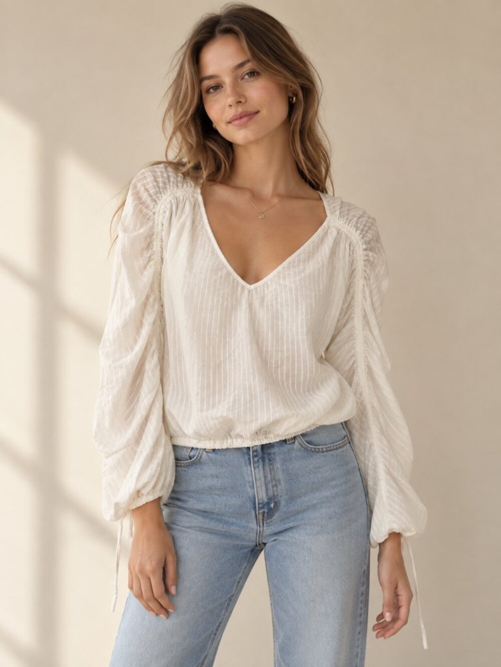ASTR The Label White Sheer Ruched Sleeve Blouse S V Neck Tie Detail Stripe